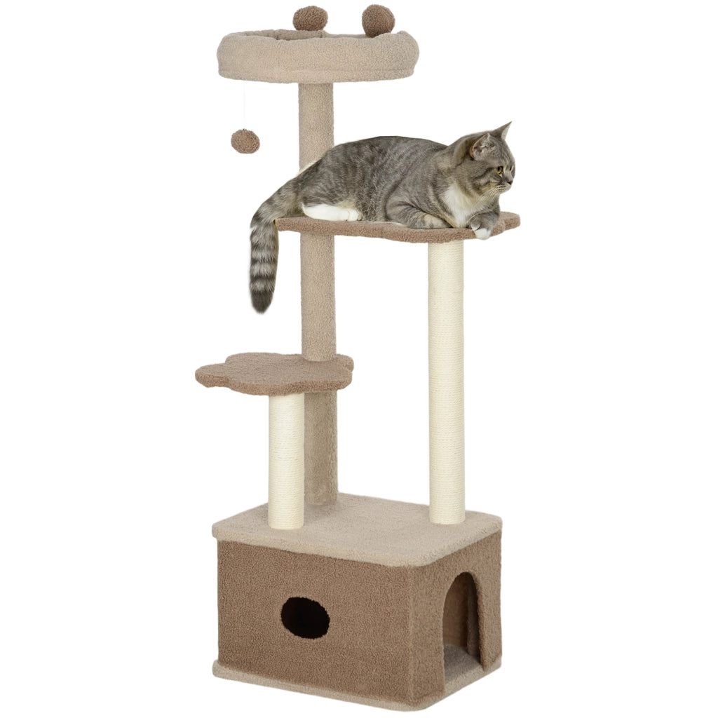 EasyComfort Albero Tiragraffi per Gatti con Lettino, Casetta e Piattaforme, in Legno e Cashmere, 48x40x133 cm, Marrone