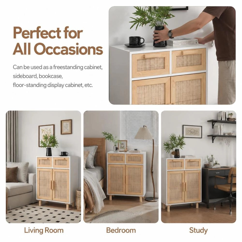 Sideboard White 60x30x75 Cm Solid Pine Wood And Natural Rattan