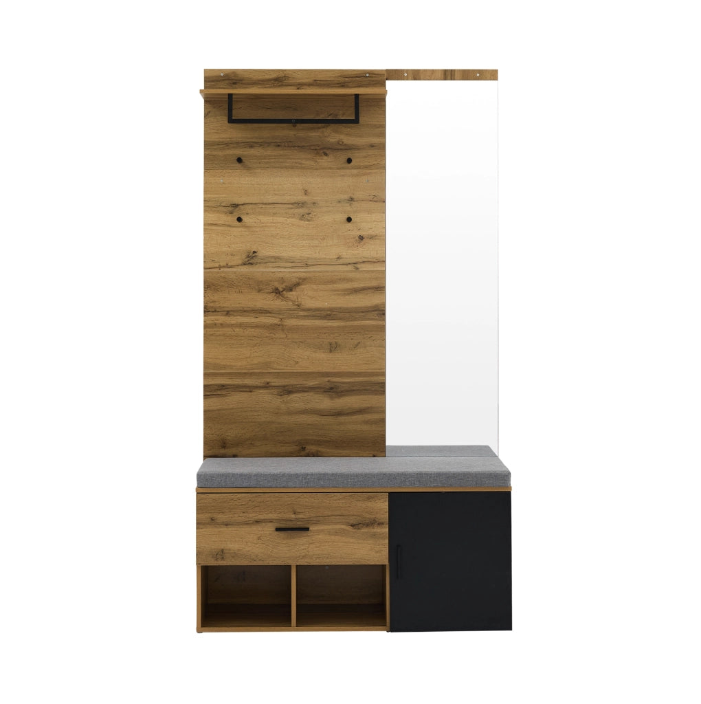 Set guardaroba 190 cm in effetto legno con specchio, panca imbottita 104 x 39 cm, armadietto scarpe, cassetto, mensola e appendiabiti