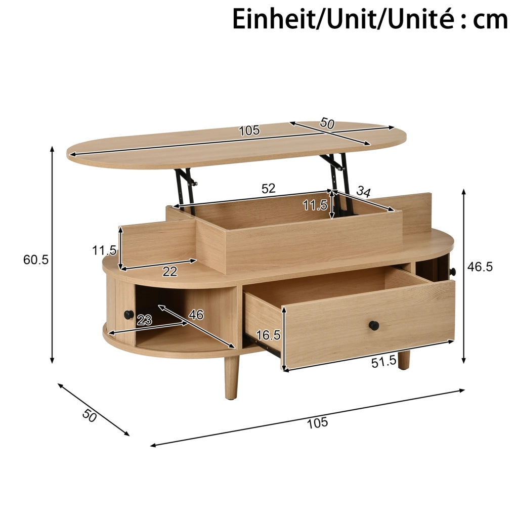 Tavolino da caff¨¨ ovale 105x50 cm con piano sollevabile in MDF naturale