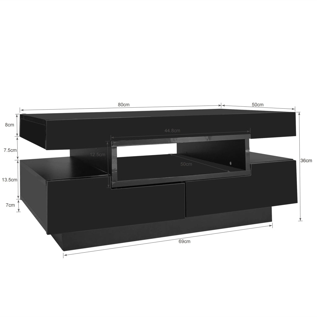 Tavolino basso fisso con LED regolabile 3 vani aperti e 4 cassetti nero lucido 80 × 50 × 36 cm