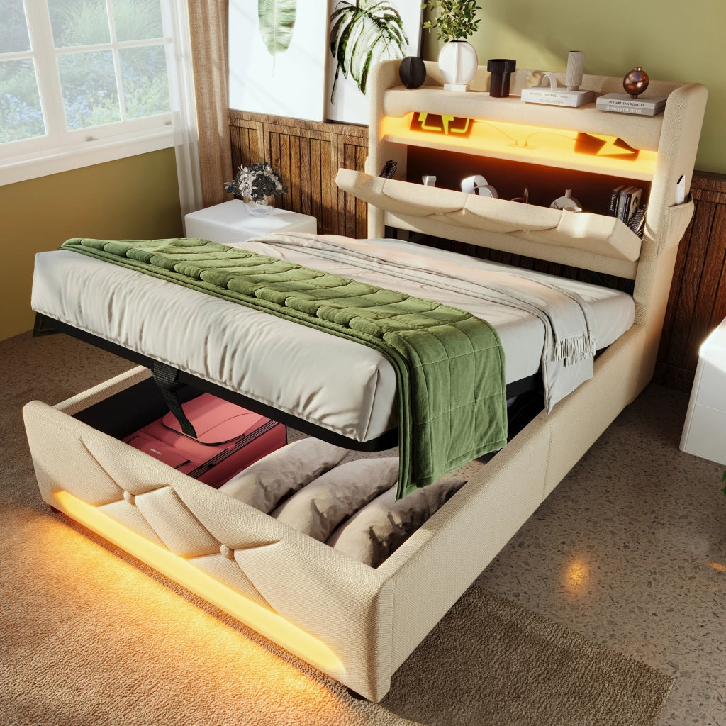 Letto contenitore singolo 90×200 cm con testiera; USB; Type C e LED; materasso incluso; lino; beige