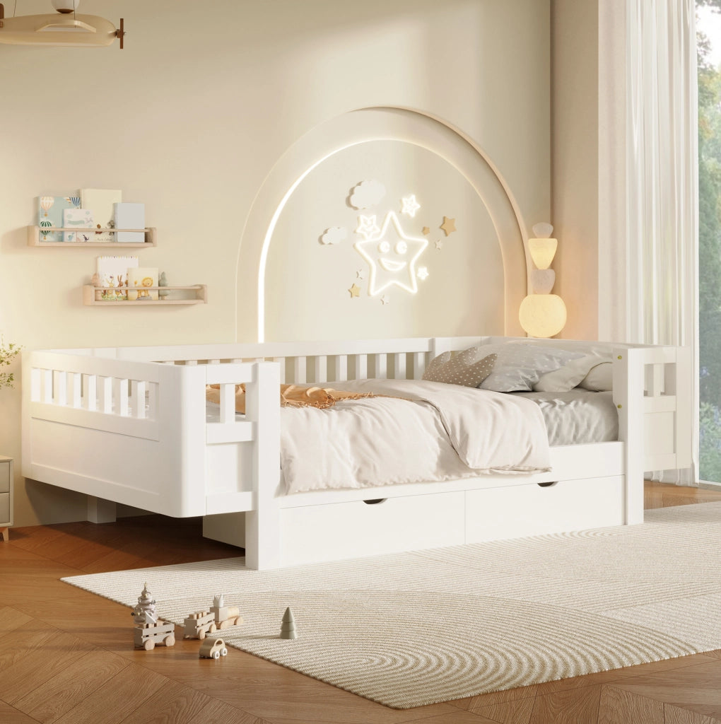 LETTO Piattaforma 90x200 cm con Sponde Alte e 2 Cassetti Bianco