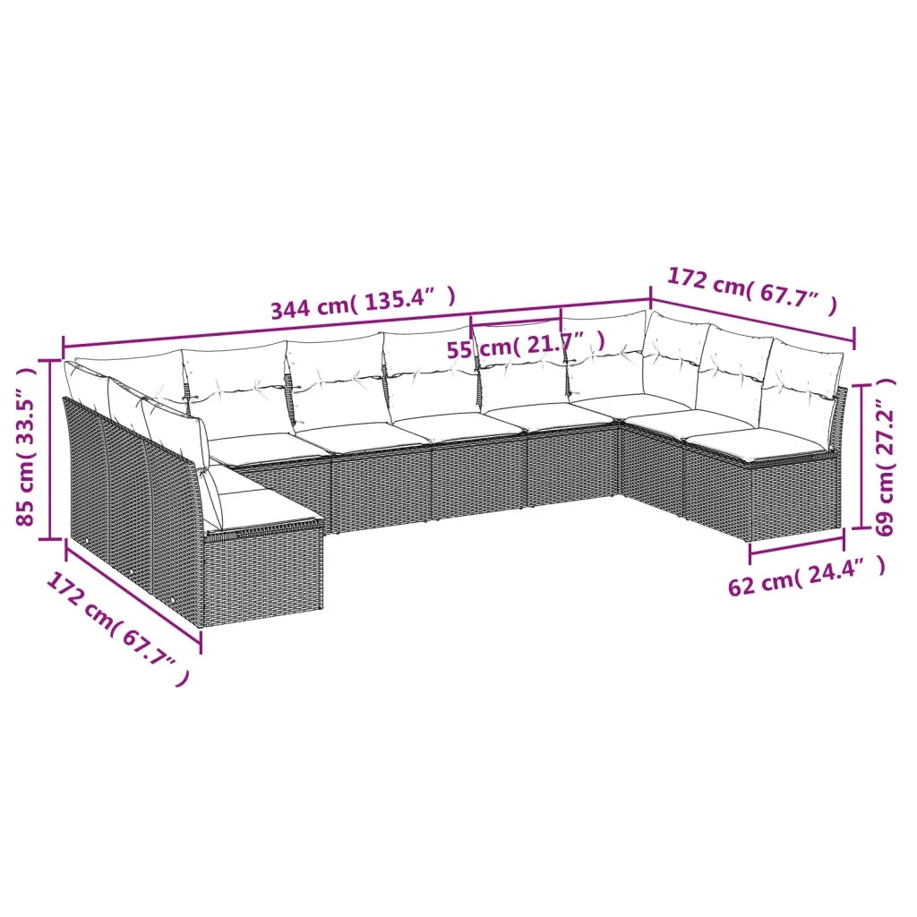 Set Divani da Giardino 10pz con Cuscini in Polyrattan Nero 3249924