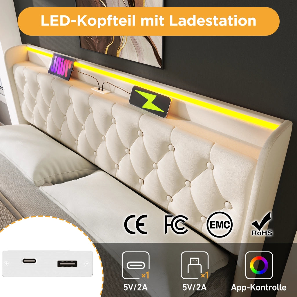 Letto contenitore matrimoniale 160×200 cm con LED, USB Type-C e testiera imbottita, materasso incluso, bianco PU