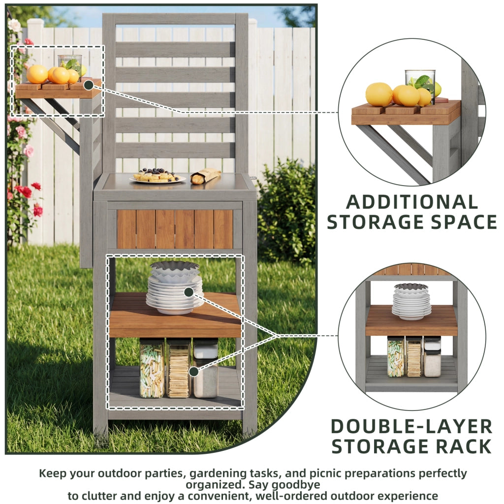Armadio da giardino in legno massiccio con ripiani doppi e piano in acciaio inox resistente alle intemperie, mobile da esterno per forno e barbecue