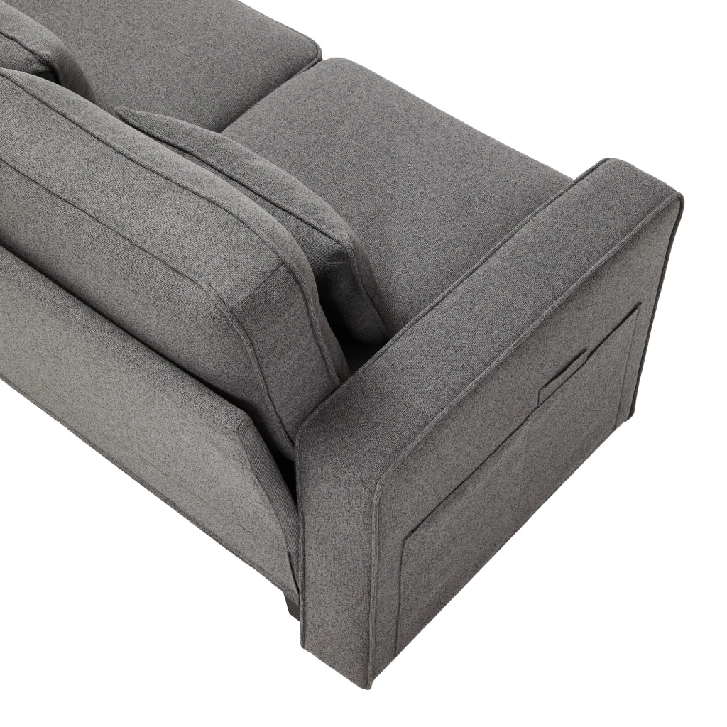 Divano 4 posti 290 cm con console, USB e portabevande in tessuto effetto lino grigio scuro