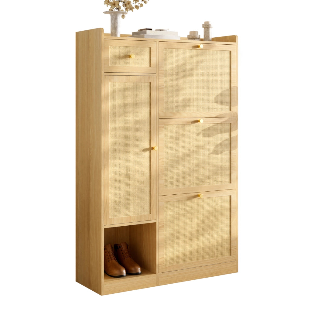 Scarpiera in rattan con 3 ante a ribalta, 1 anta laterale e cassetto, truciolare, naturale