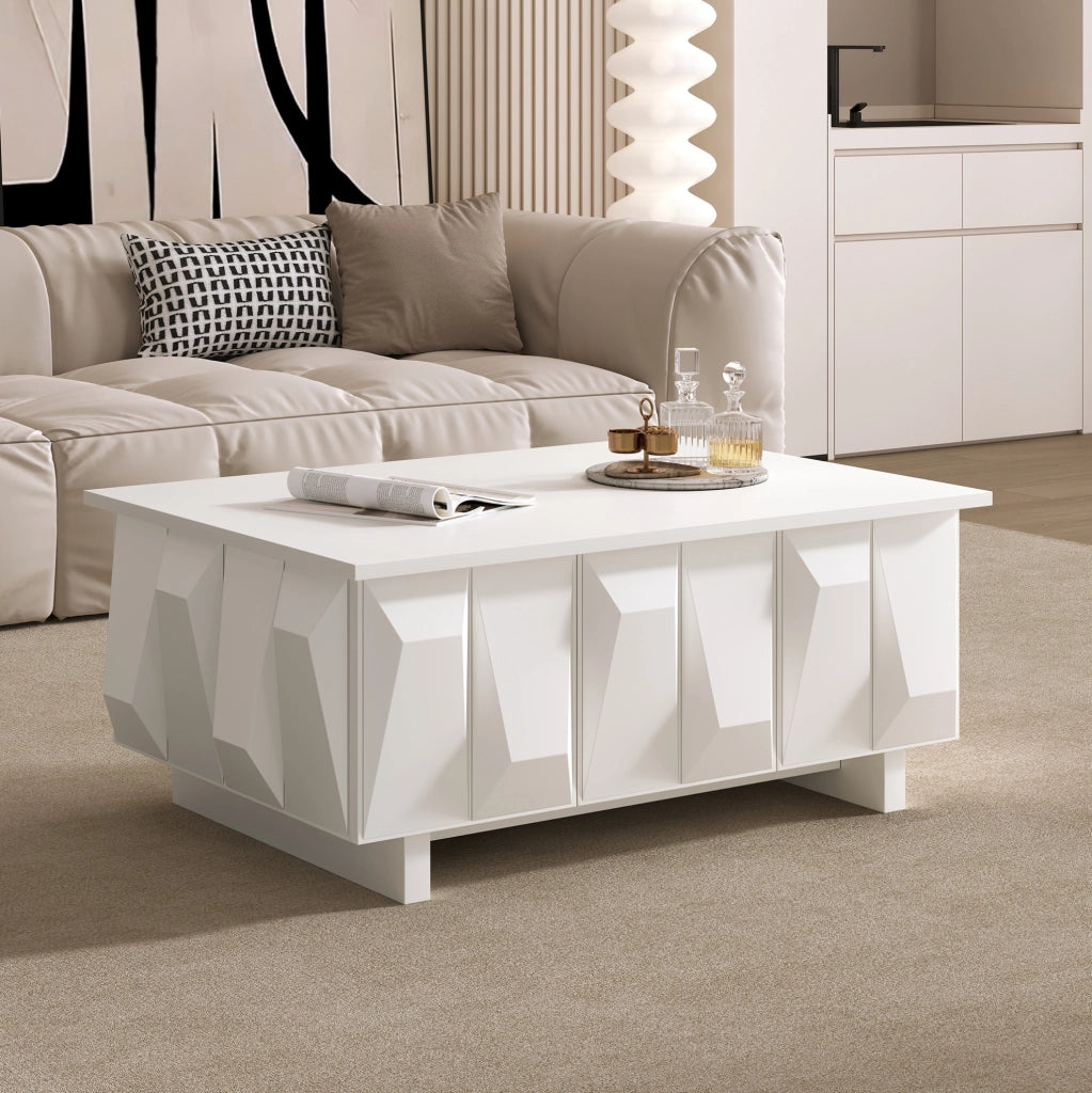Tavolino da salotto moderno con spazio contenitore e frontali 3D; 95x67x39;5 cm; bianco