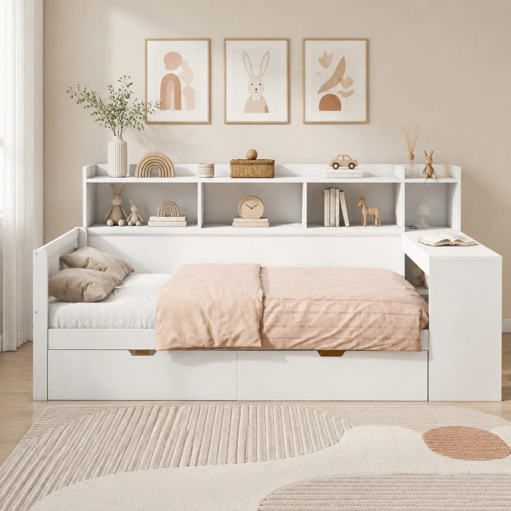 Letto singolo con scrivania 90 × 200 cm in pannelli di particelle e MDF bianco con USB e 2 cassetti