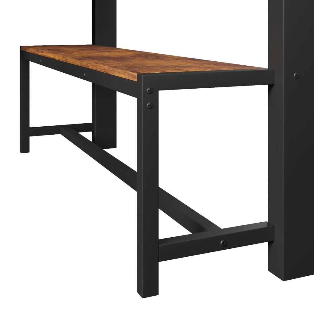 Letto a soppalco 140 × 200 cm con scrivania in legno LED ripiani appendiabiti pannello forato in metallo nero