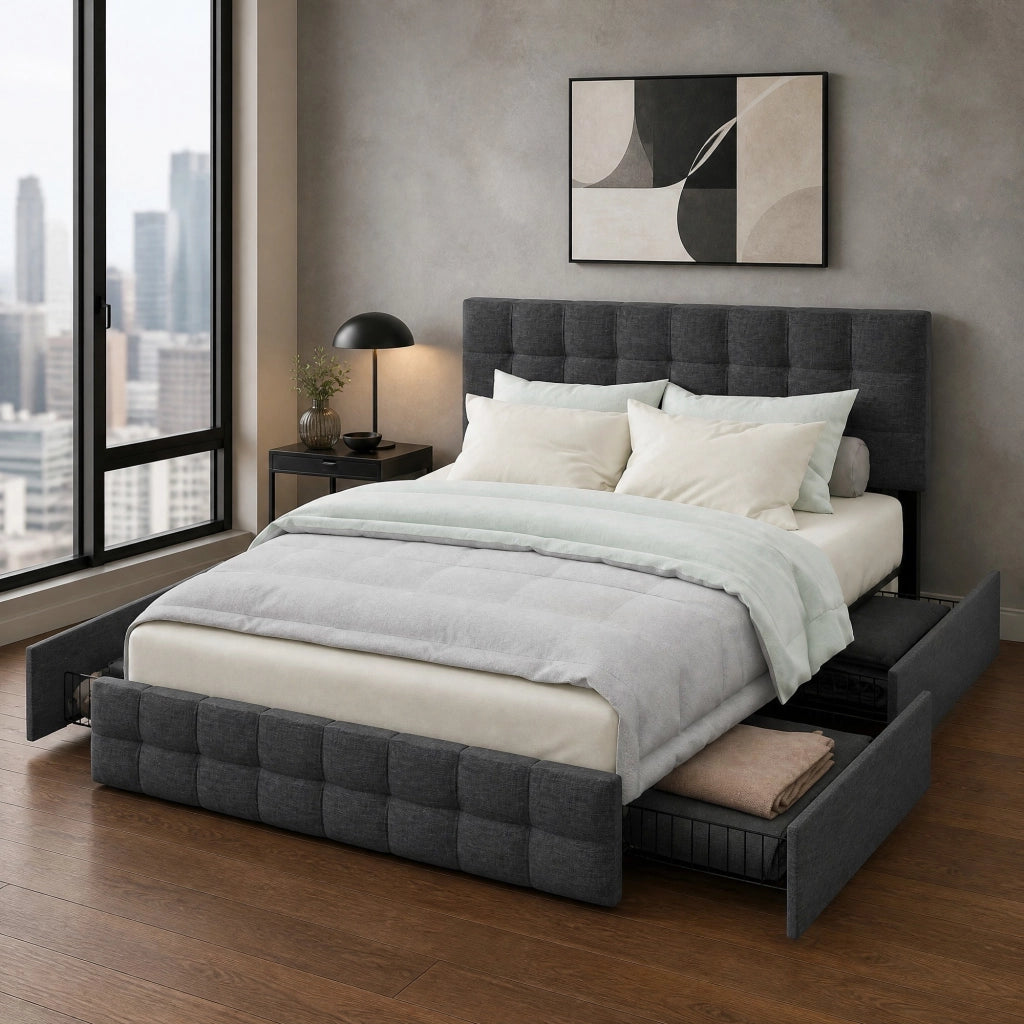 Letto matrimoniale imbottito 140 ¡Á 200 cm con 4 cassetti in lino grigio con materasso e testiera regolabile