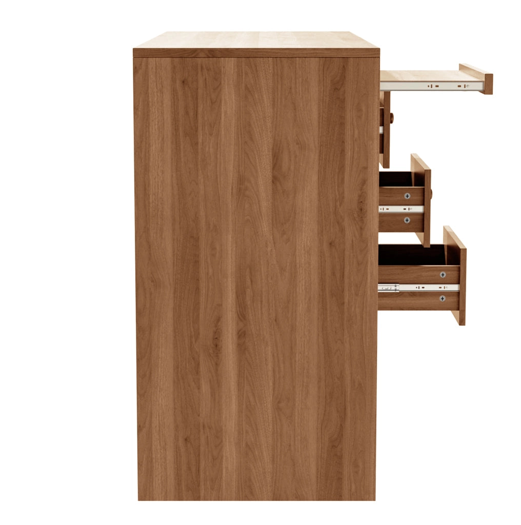 Scrivania estraibile ULEVR 110x40x75,5 cm con 3 cassetti, ripiani aperti e vassoio tastiera, finitura noce