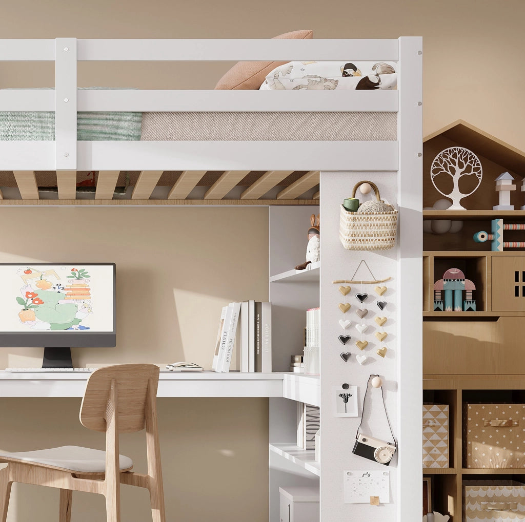 Letto a Castello per Bambini con Scala Inclinata, Ripiani e Parapetto di Sicurezza, 90x200 cm, Bianco