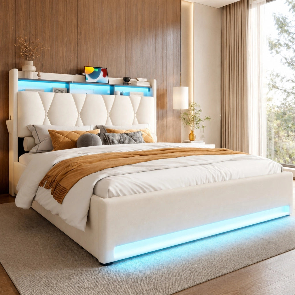 Letto matrimoniale 160x200 in velluto beige con contenitore, luci LED e ricarica USB tipo C