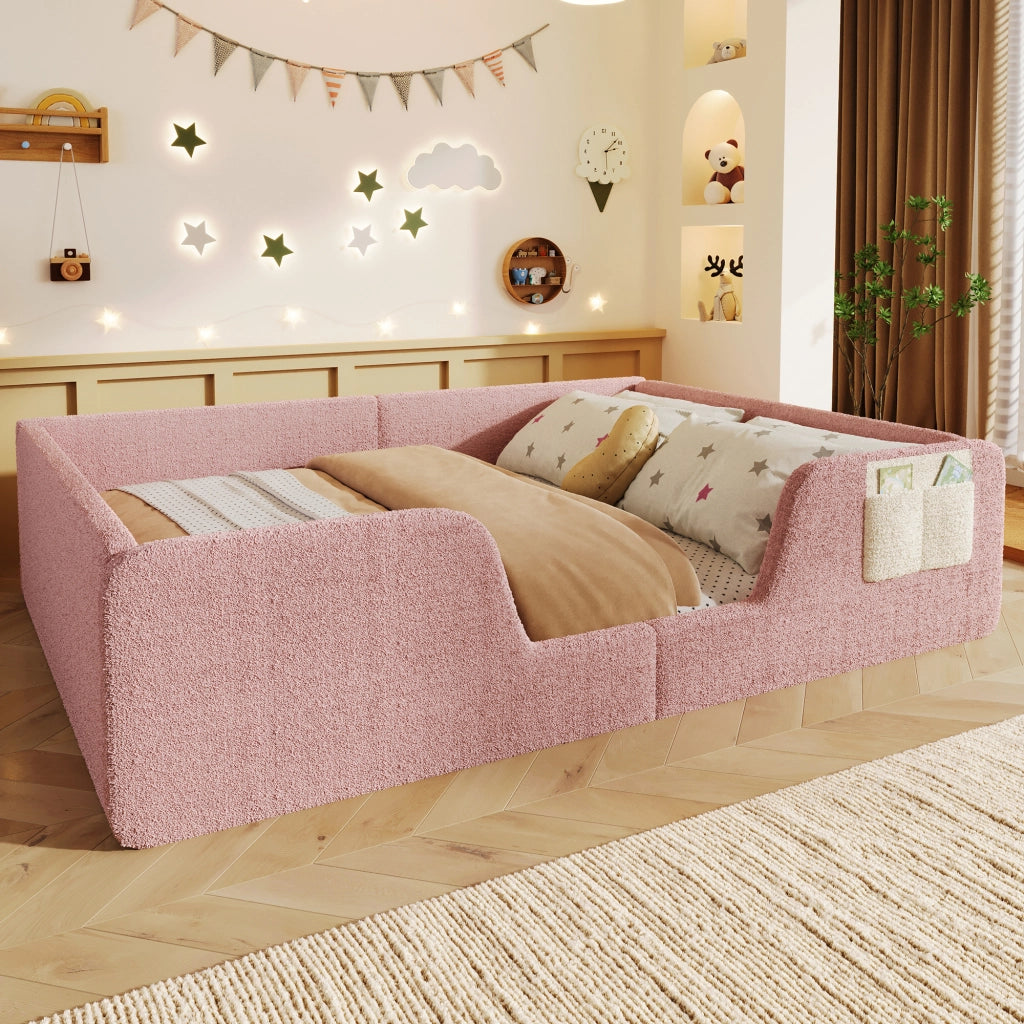 Letto per bambini imbottito 140 ¡Á 190 cm in velluto rosa con sponde removibili e tasca portaoggetti