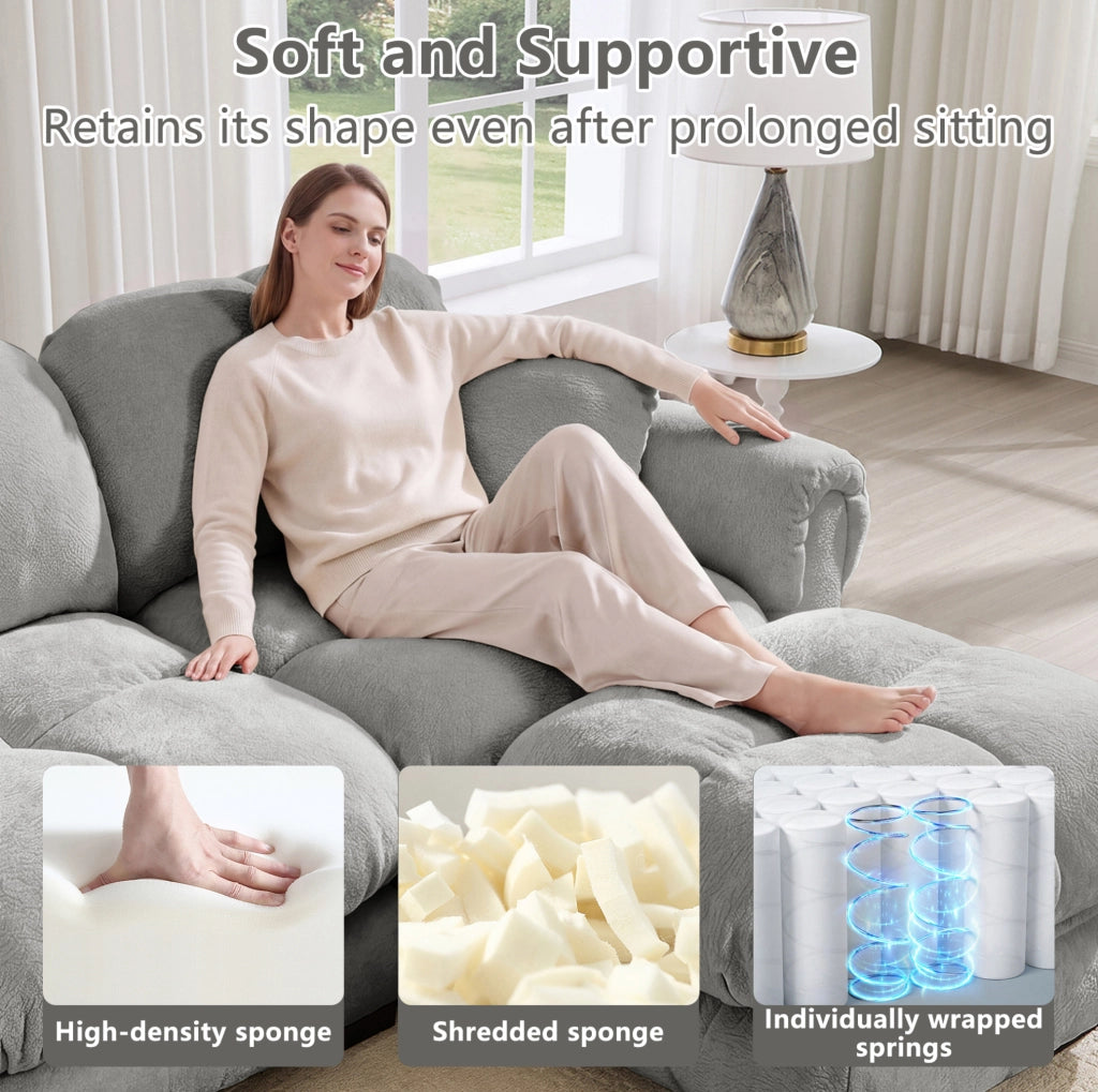 Divano angolare a L a 3 posti in tessuto chenille grigio chiaro con pouf mobile e 2 cuscini decorativi