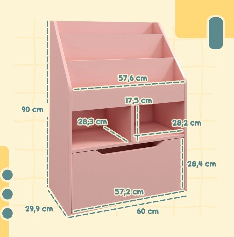 Libreria per bambini rosa con cassetto e 5 vani, 60x29,9x90 cm