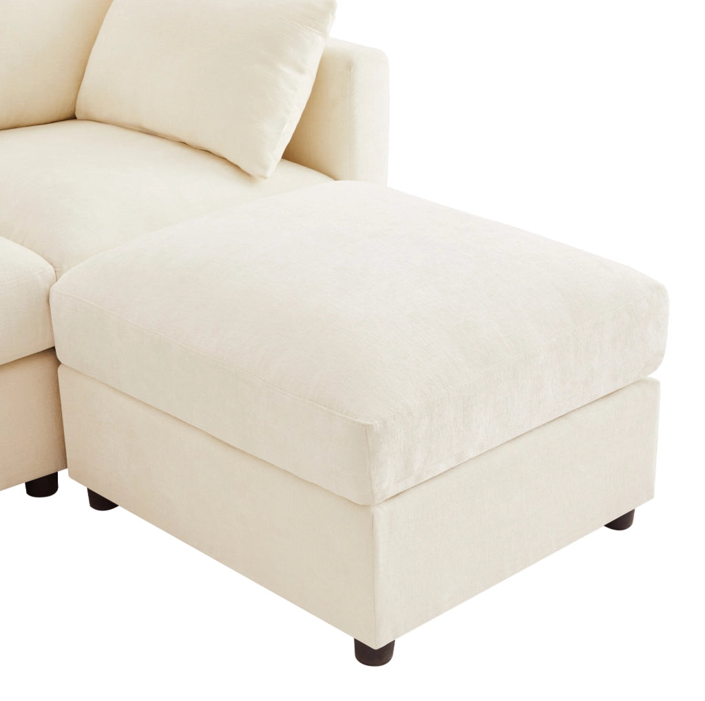 Divano modulare a forma di U/L in tessuto chenille beige con 2 pouf, 4 cuscini decorativi e 2 poggiatesta, braccioli regolabili