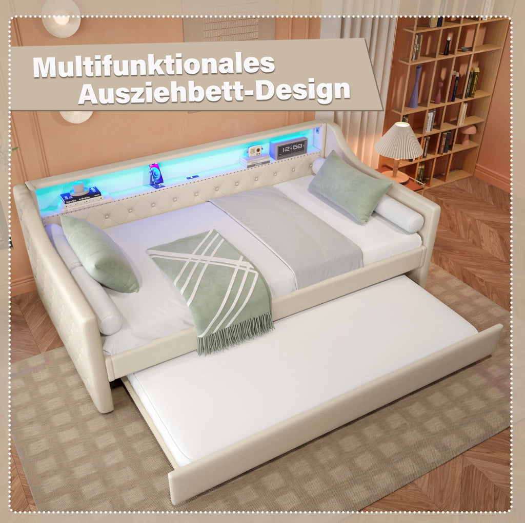 Letto singolo 90x200 cm con letto estraibile; LED e USB in lino e MDF beige