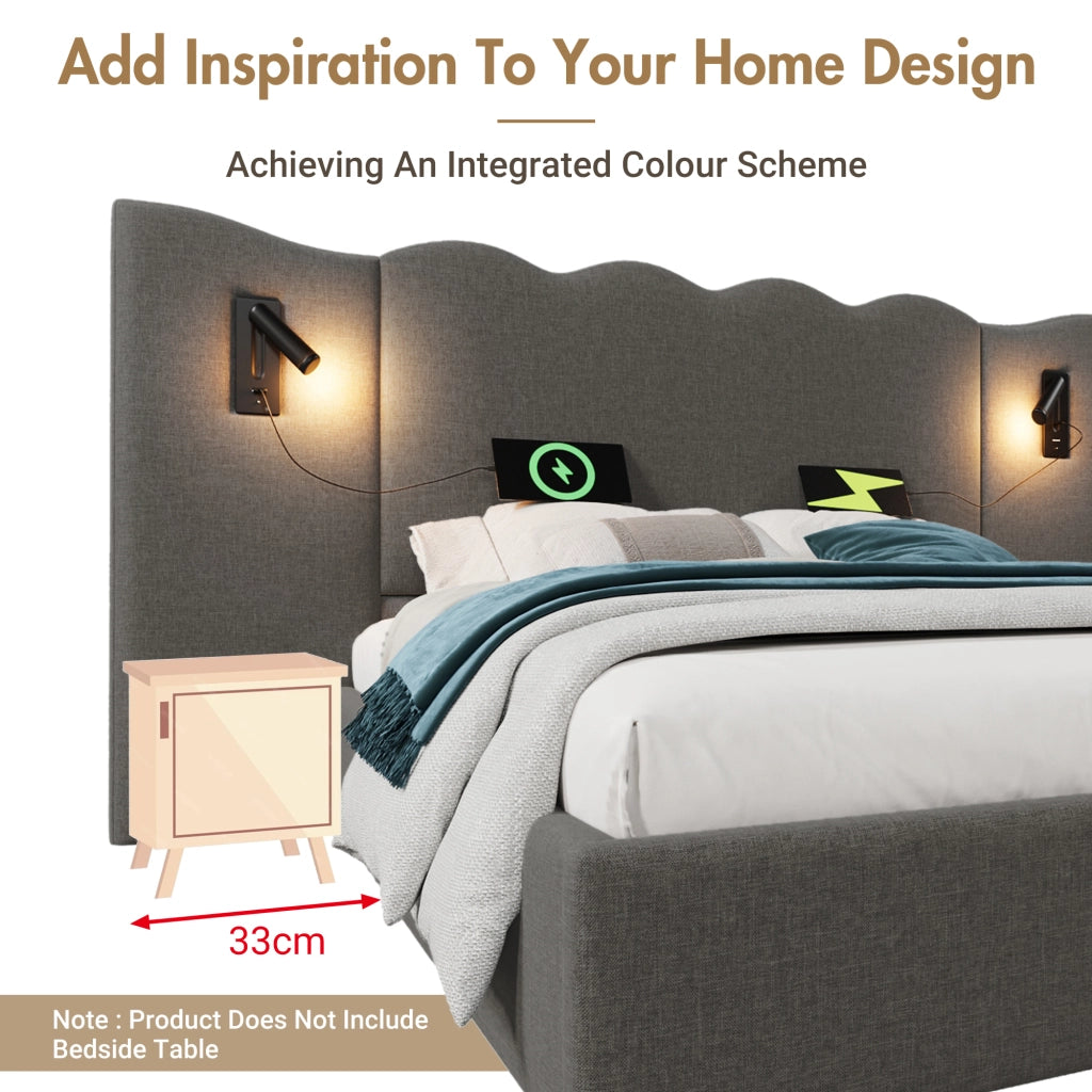 Letto contenitore 180 × 200 cm con testiera ondulata; luce orientabile; USB e Type-C; lino grigio