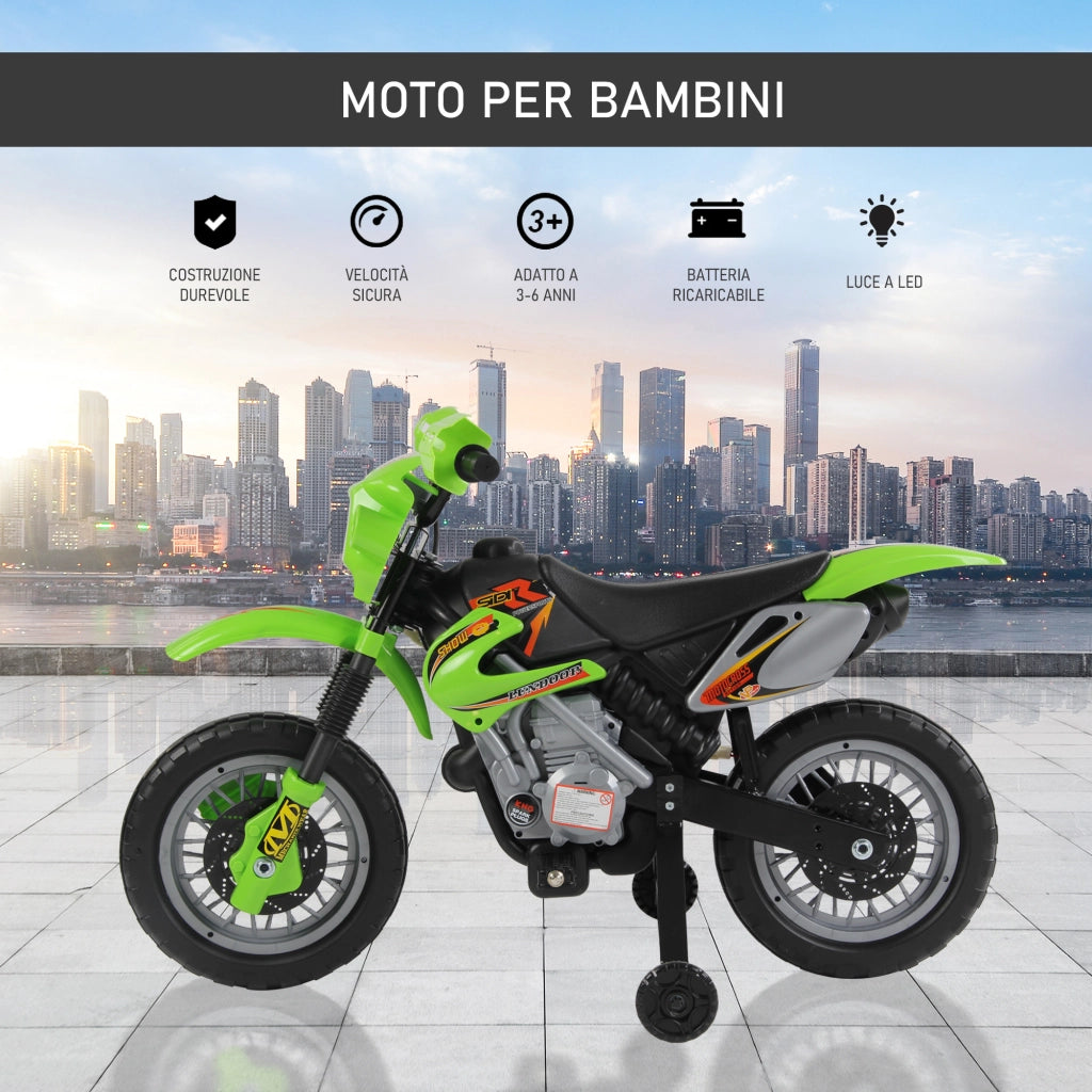 Moto Elettrica per Bambini 3 anni e Pi¨´, Moto Cross Elettrica con Rotelle, Batteria 6V Velocit¨¤ 2.5km/h, 102 x 53 x 66cm, Verde