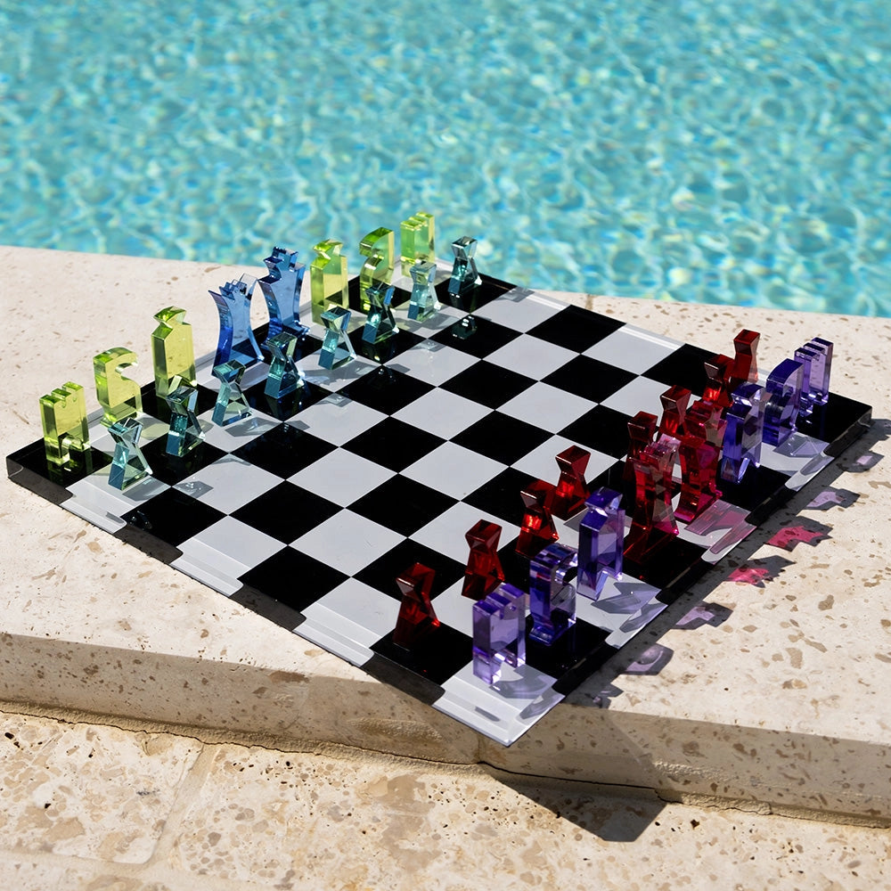 GIOCO DA TAVOLA SCACCHI E DAMA IN CRISTALLO ACRILICO MULTICOLOR