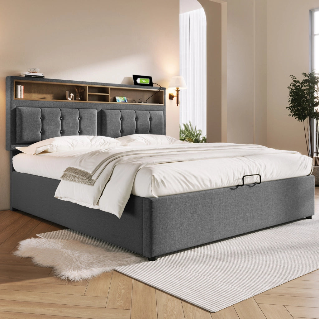 Letto contenitore imbottito 140x200 grigio con prese USB