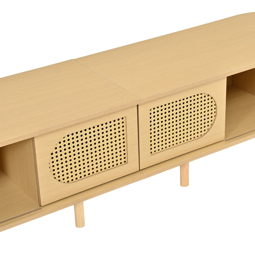 Mobile TV ULEVR 180x40x40 cm con 2 ante e 2 serrande scorrevoli, design rattan, MDF naturale