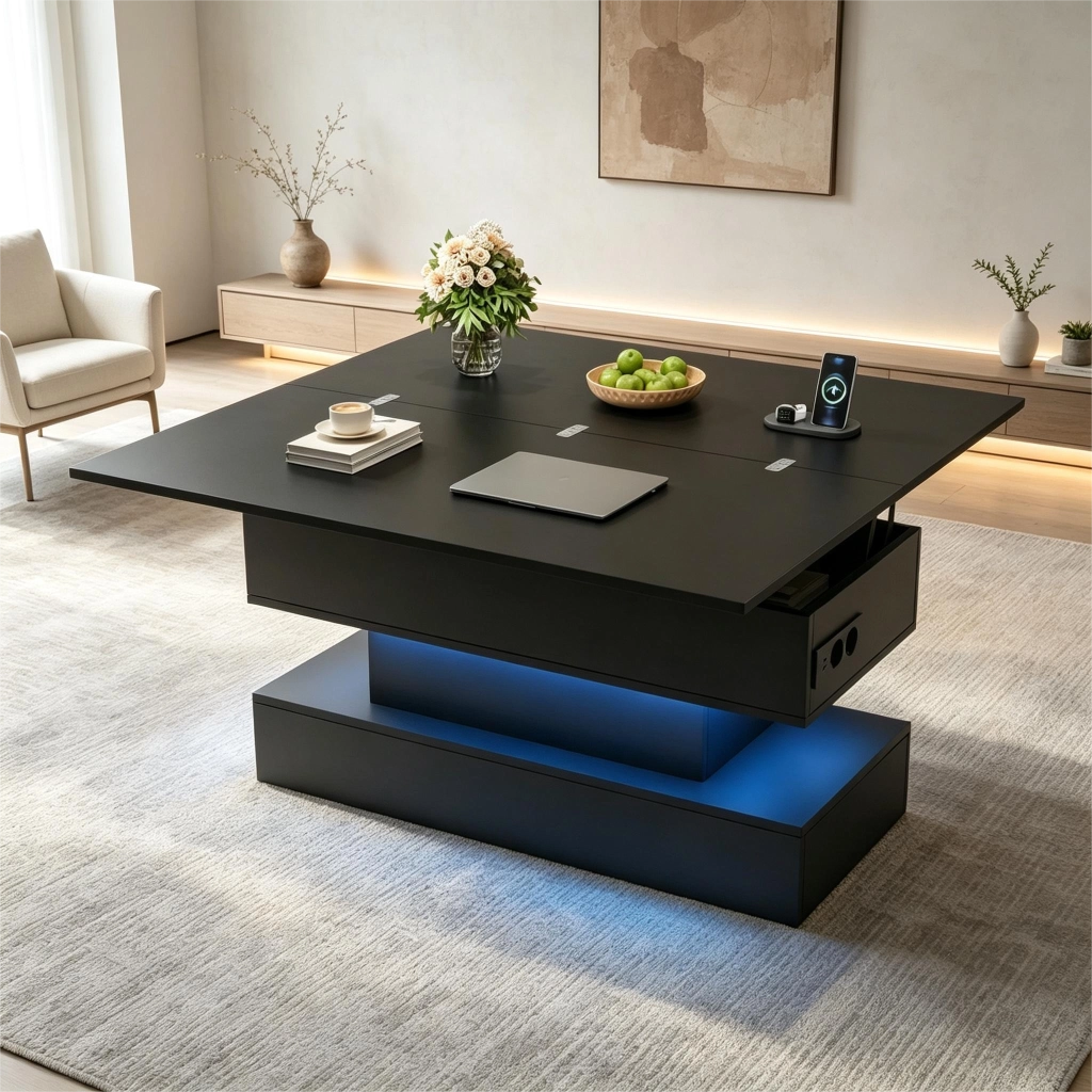 Tavolino da Salotto Sollevabile Nero con Prese USB e LED 100x50x51.5cm
