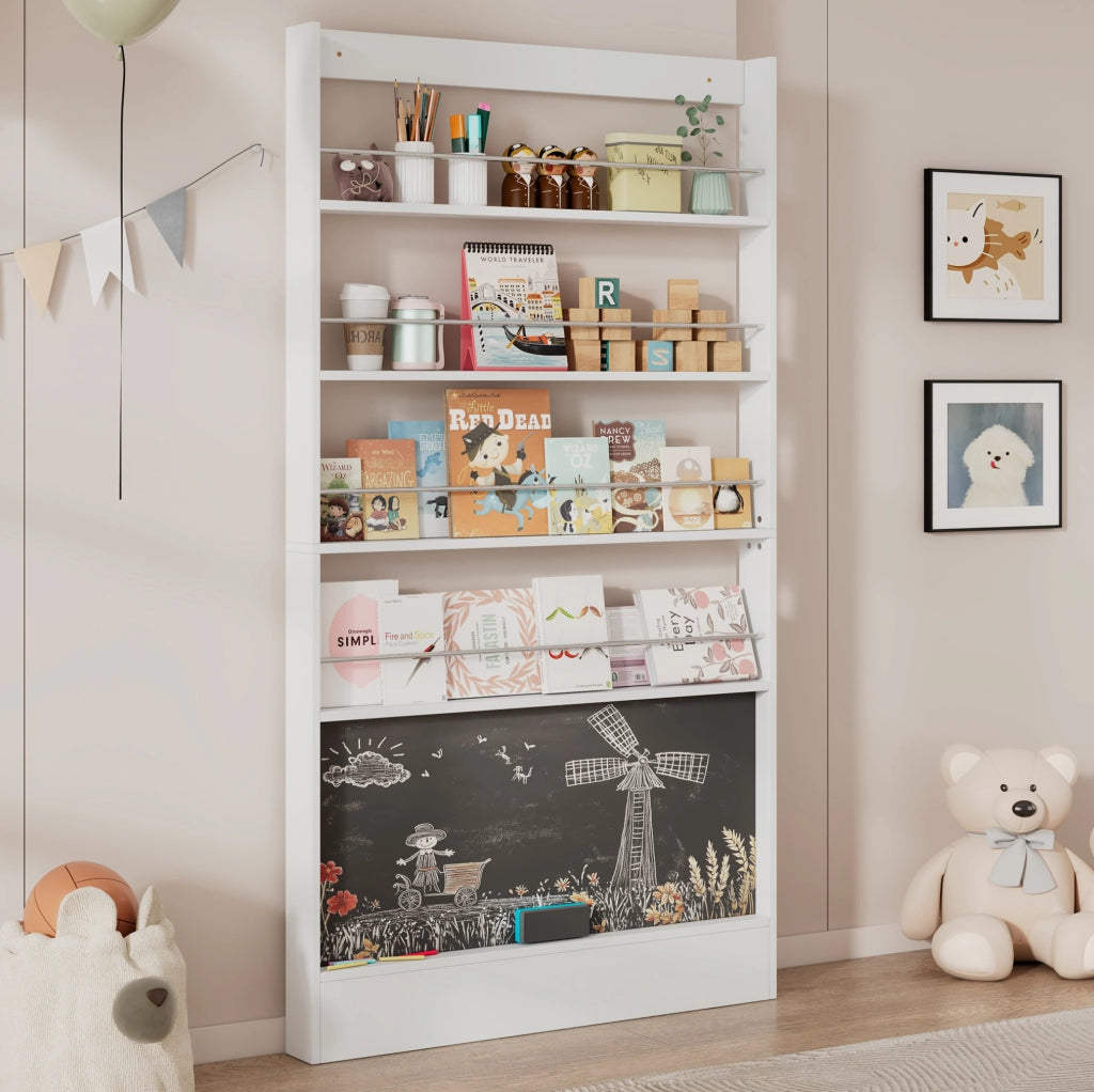 Libreria da Parete in Legno 100 x 10 x 180 cm con 4 Ripiani e Lavagna Bianca