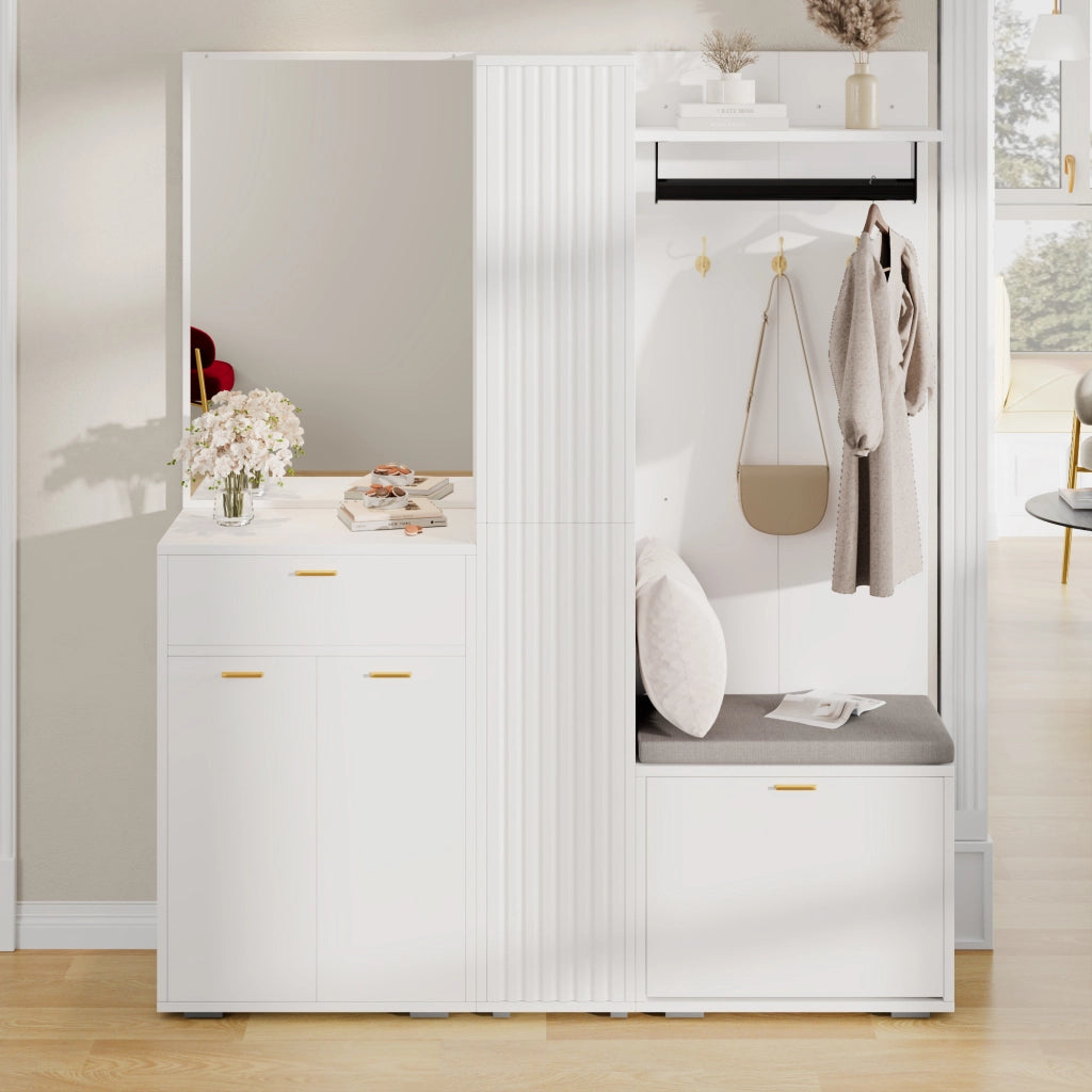 Mobile da ingresso con specchio e appendiabiti, 3 ante, scarpiera a ribalta, panca e cassetto, bianco, 150 × 36 × 180 cm