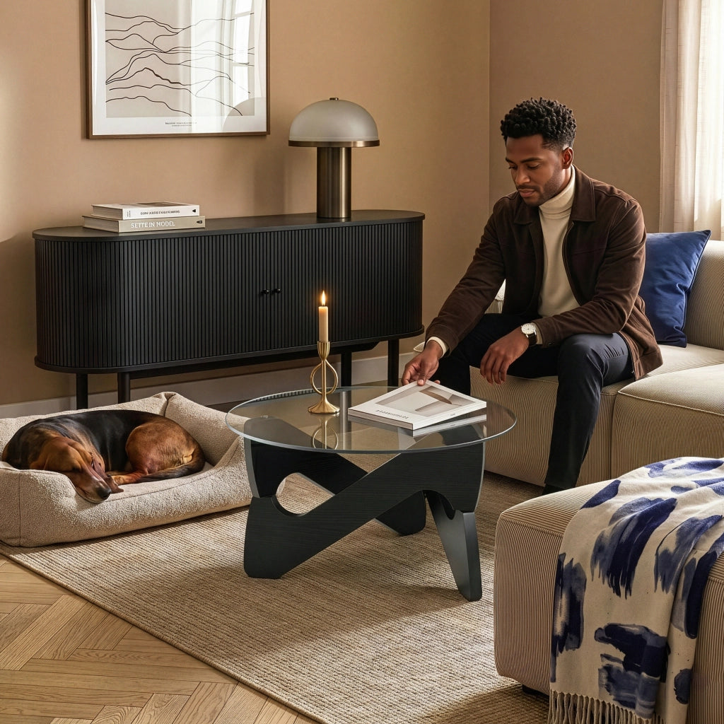 Tavolino da Caffè Reypio con Piano Rotondo in Vetro Fumé (ØxA) 70 x 35 cm - Nero/Grigio [en.casa]