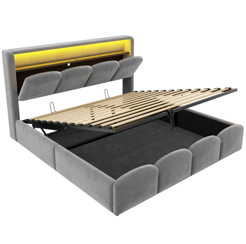 Letto matrimoniale imbottito ULEVR 140x200 cm con contenitore idraulico, LED, USB e Type-C, velluto grigio