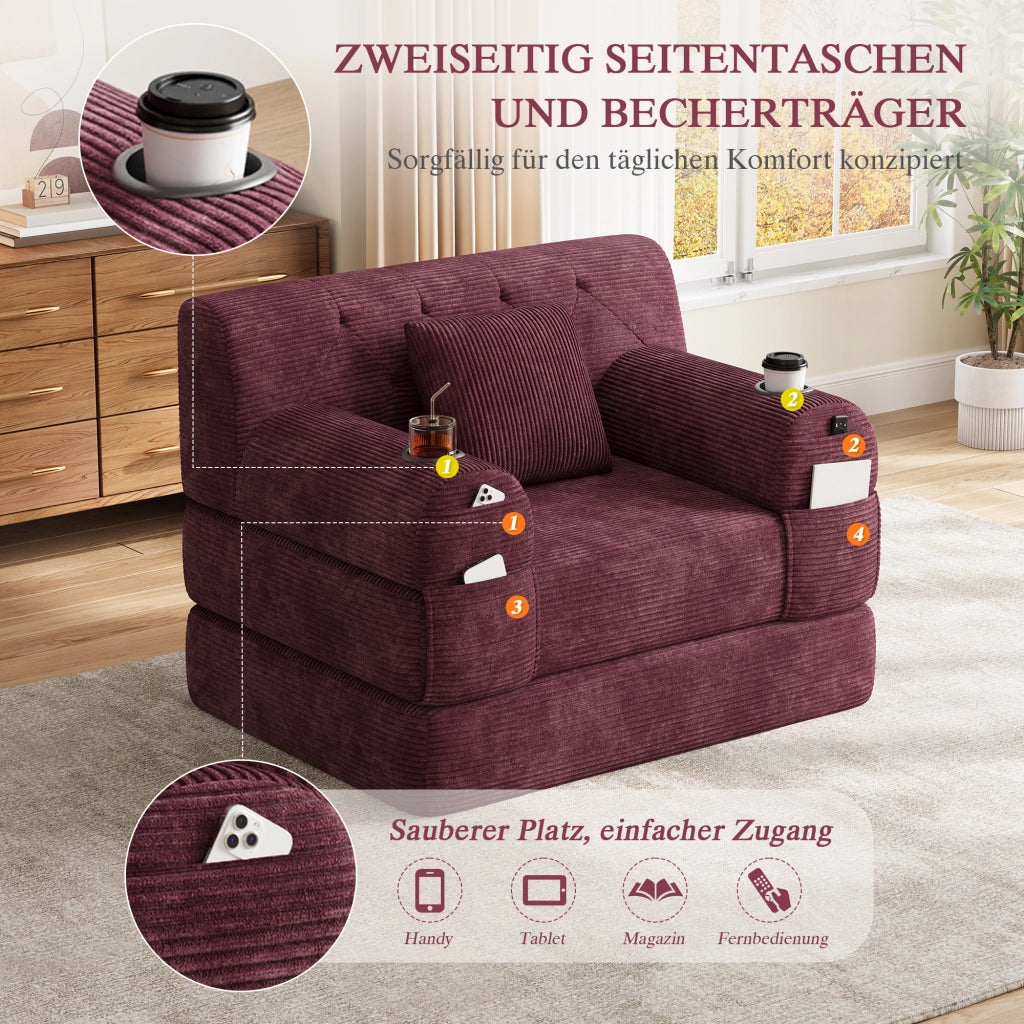 Divano letto 1 posto 107x162 cm con schienale alto; 4 tasche e 2 portabicchieri; velluto a coste rosso vino