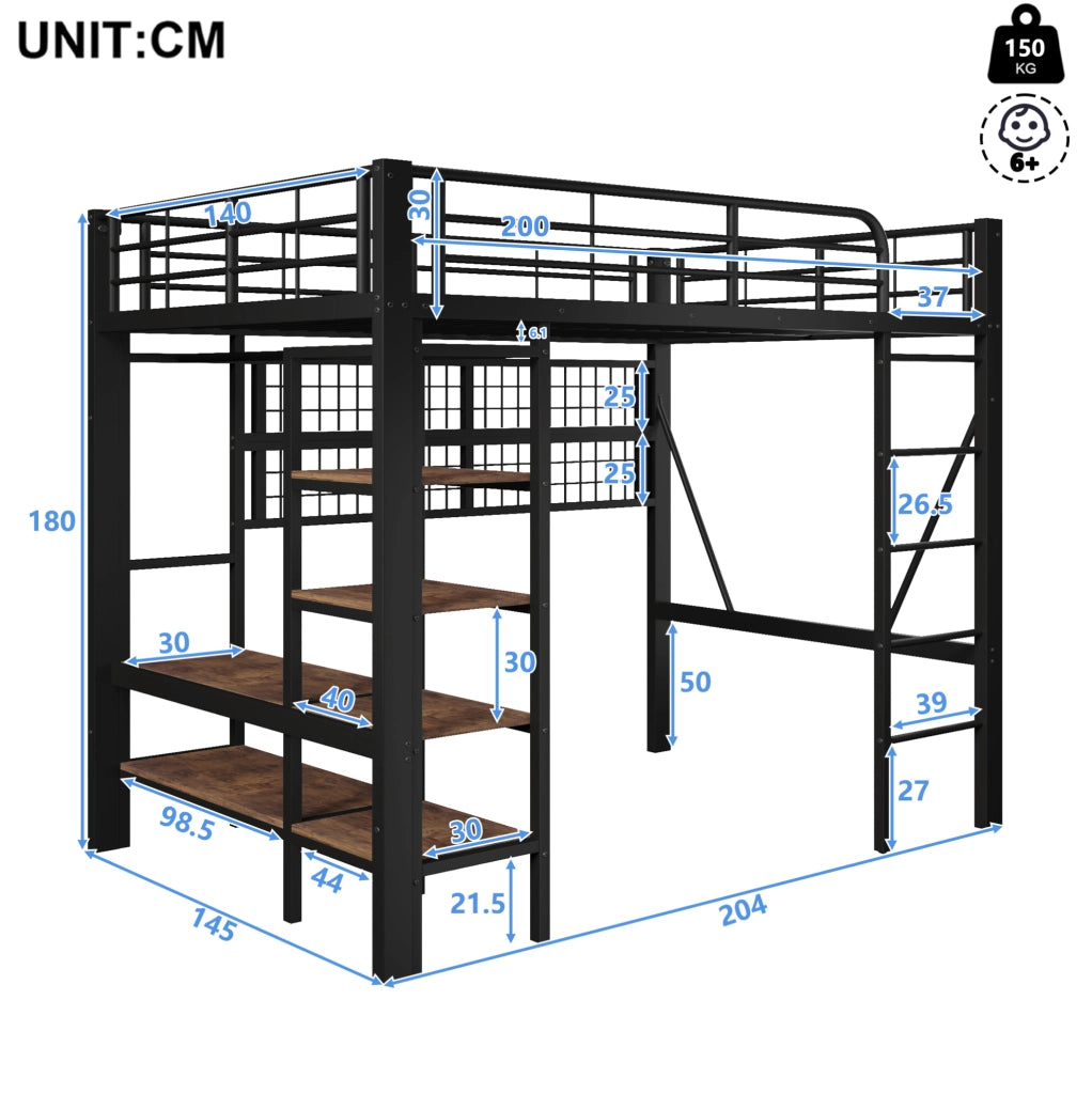 Letto a soppalco 140x200 cm in metallo nero con LED; ripiano e rete appendioggetti HOMVRA