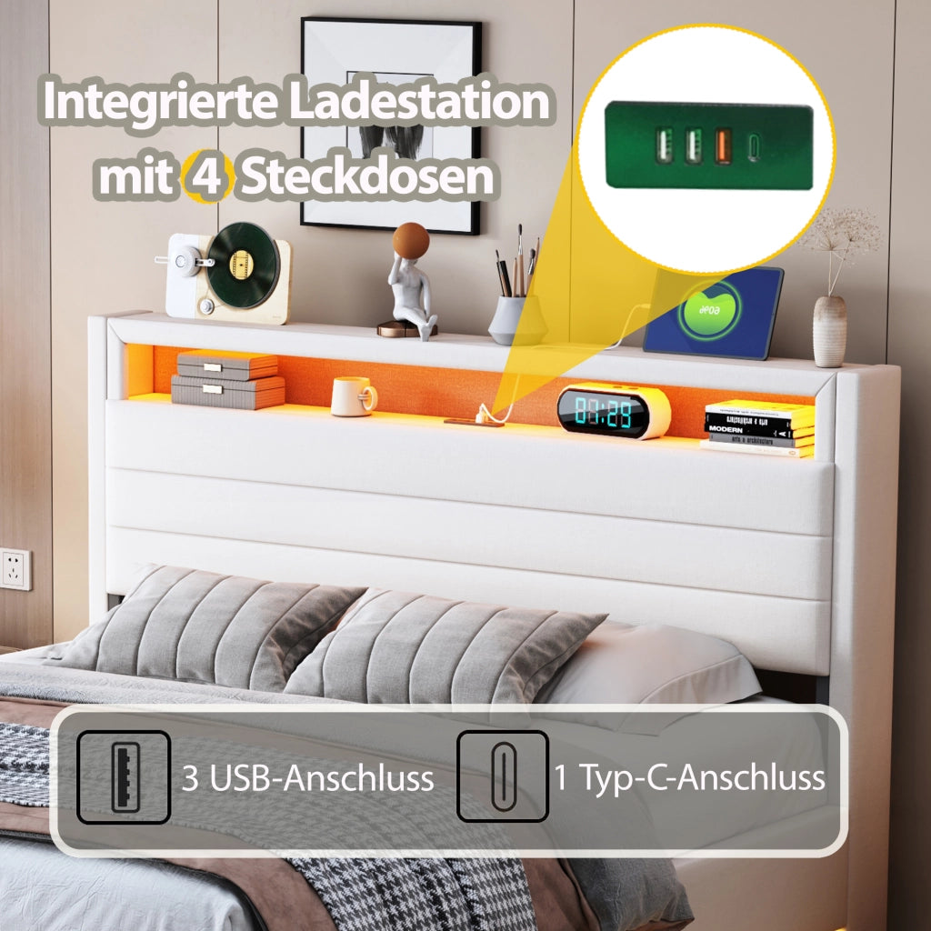 Letto imbottito con contenitore idraulico 140x200 cm, USB e LED, beige
