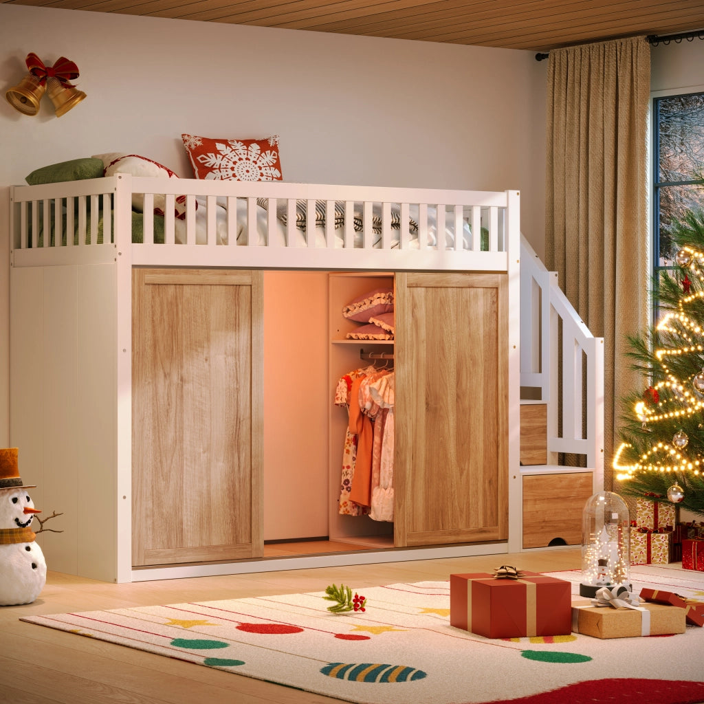 Letto a Soppalco Multifunzionale ¨C MINIMAL ¨C Bianco/Rovere, con Armadio, LED, 90x200