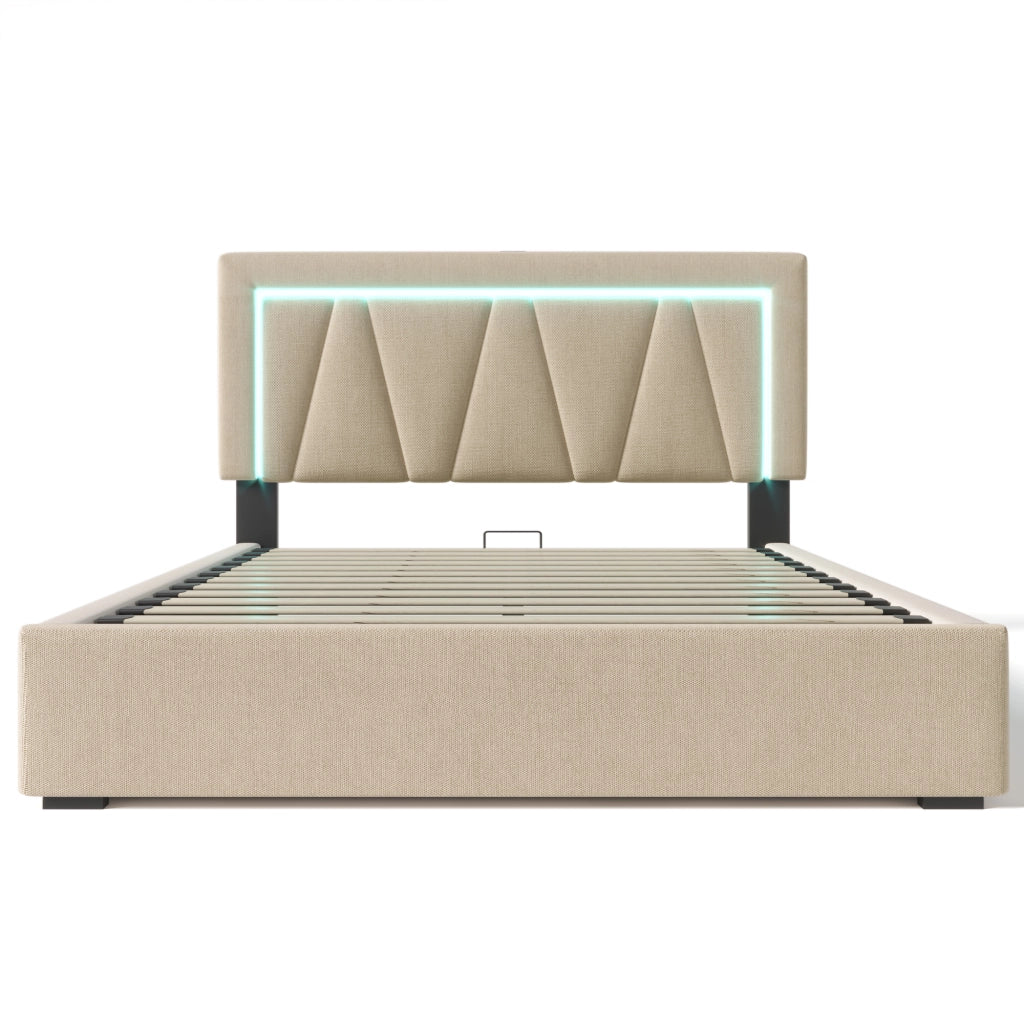 Letto Contenitore Matrimoniale 140 x 200 cm; USB e Tipo C; LED; Testiera Regolabile in Lino Beige