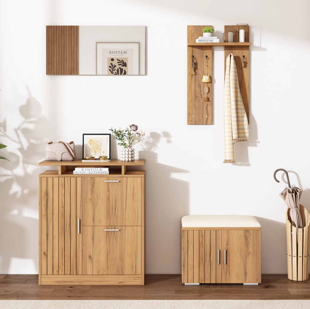 Set ingresso con panca portascarpe; specchio e ganci; 140x35x133 cm; effetto legno naturale