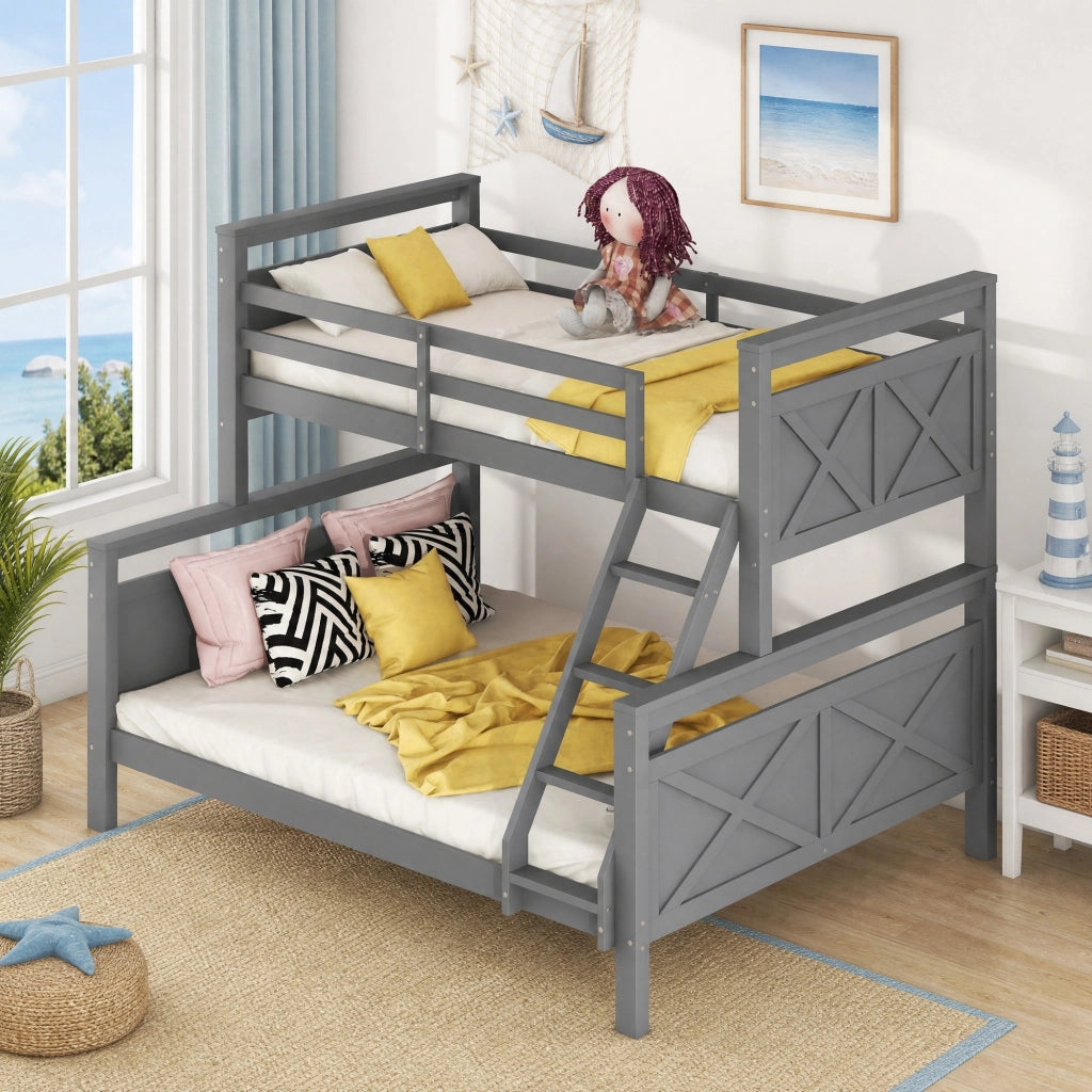 Letto a castello convertibile in due letti in legno di pino e MDF grigio con scala inclinata e sponde