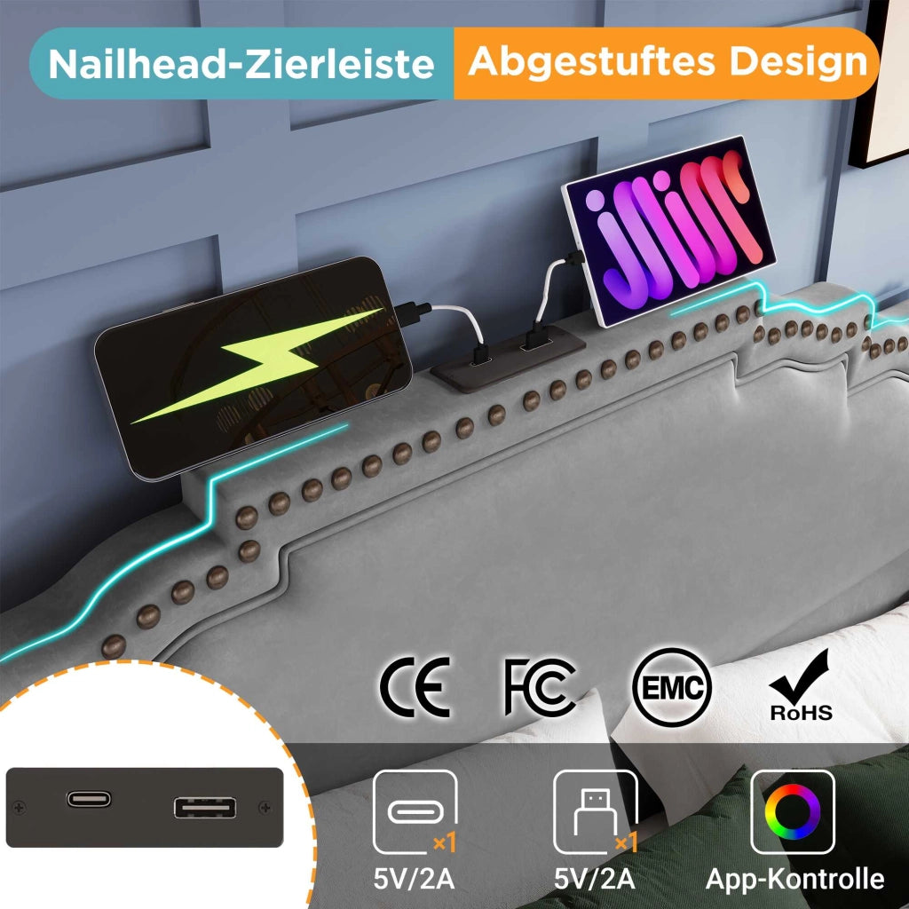 Letto grigio 160x200 cm in velluto con 4 cassetti, LED, porte USB e USB-C, rete a doghe, senza materasso