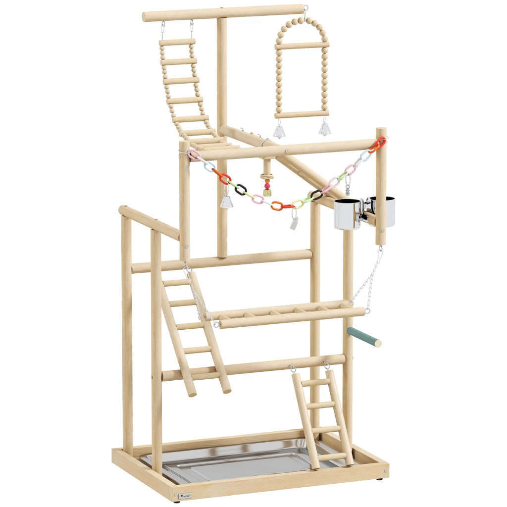 Trespolo per Pappagalli con Giochi, Scale, Catene, Ciotole, Vassoio Rimovibile e Posatoi, Legno Naturale