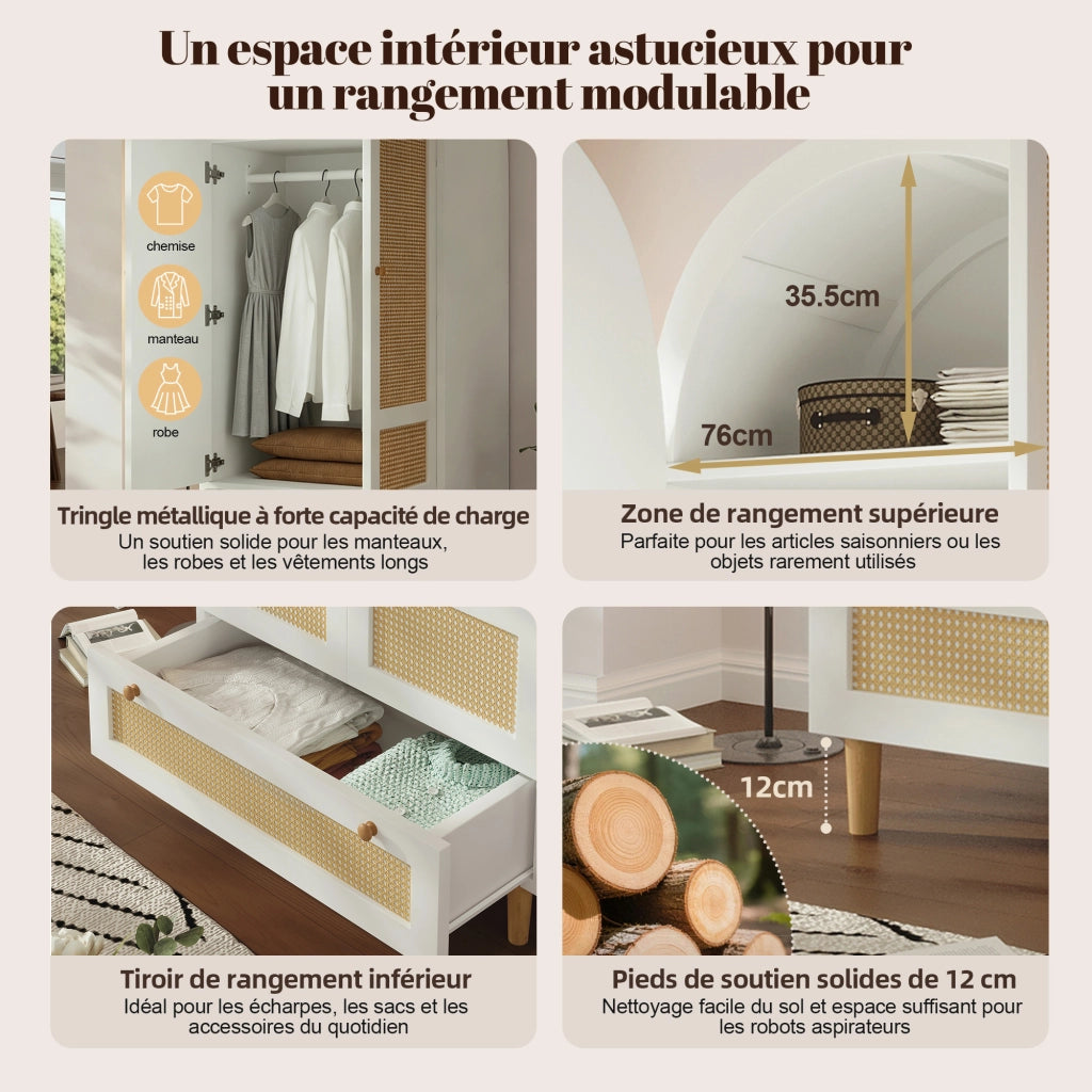Armadio con asta appendiabiti; cassetto e chiusura soft close; MDF bianco e rattan 80 × 50 × 180 cm