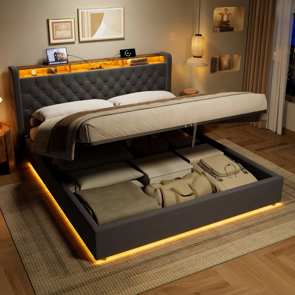 Letto contenitore matrimoniale 180x200 cm;LED;vano contenitore;presa elettrica;testiera reclinabile;base imbottita;grigio scuro;materasso escluso