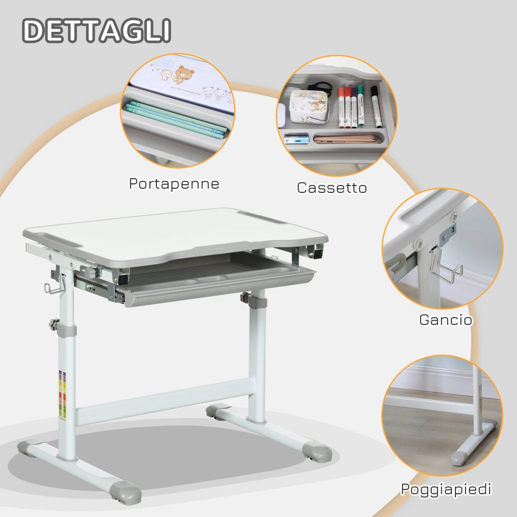 Banco Scuola per Bambini 6-12 Anni con Sedia e Altezza Regolabile, Piano Inclinabile, 66x47x52-77 cm, Grigio