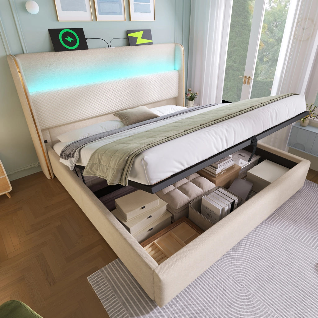 Letto Contenitore 160x200 cm; Letto Matrimoniale - LED; USB; Type-C in Lino Beige