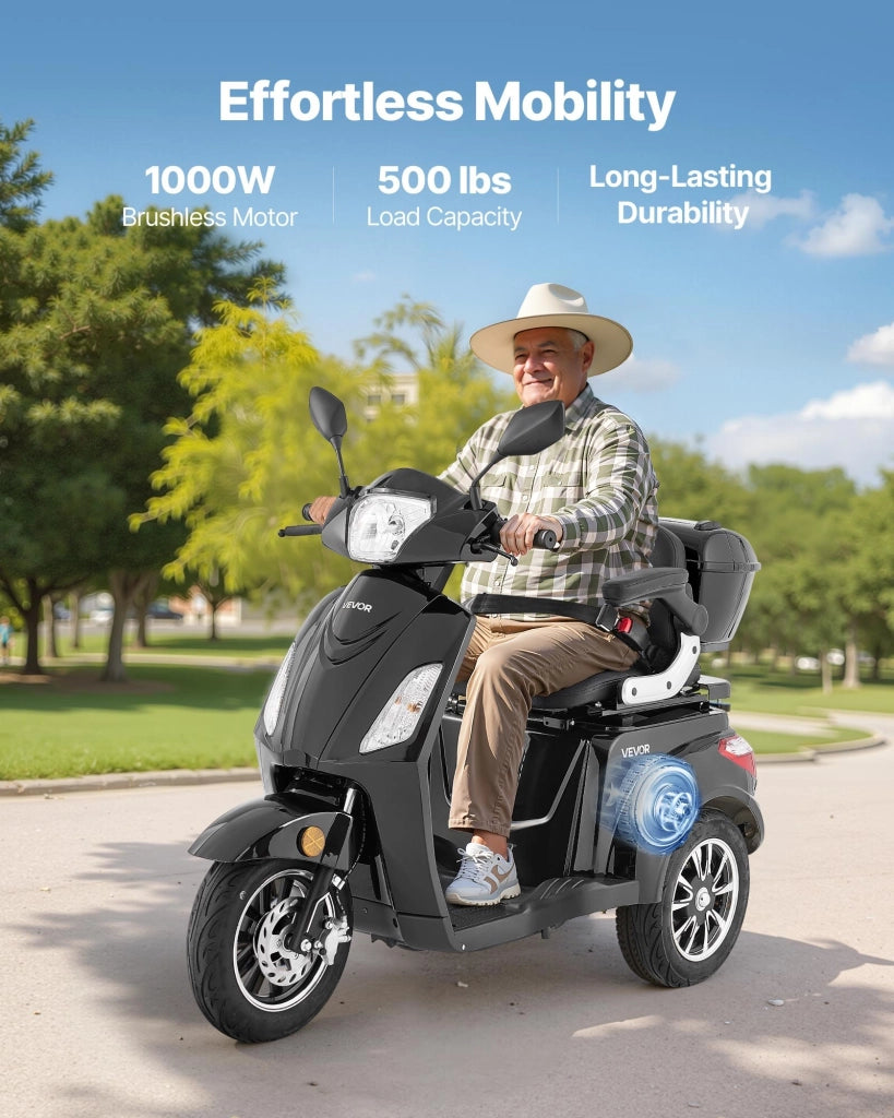 Scooter Elettrico a 3 Ruote VISTA-1 1000W Triciclo di Mobilità Nero Carico Max 226,8 kg Autonomia 35 km Robusto e Pratico