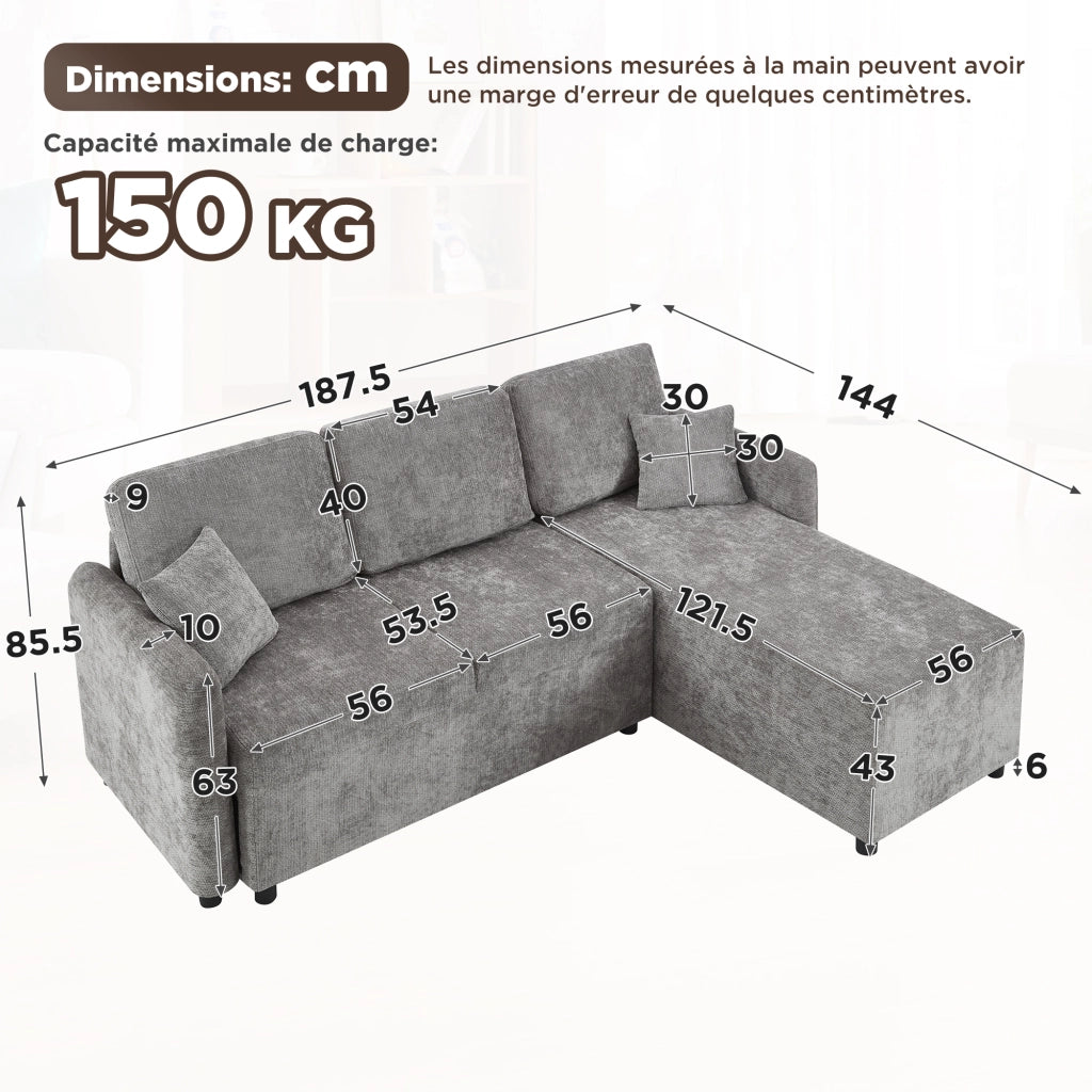 Divano angolare 3 posti a L con penisola 144 cm; in ciniglia; grigio