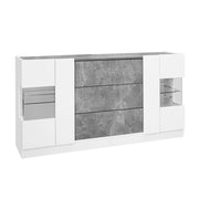 Sideboard elegante con 2 ante, 3 cassetti, finiture bianche lucide e effetto marmo grigio, LED a 16 colori, 140x35x75 cm